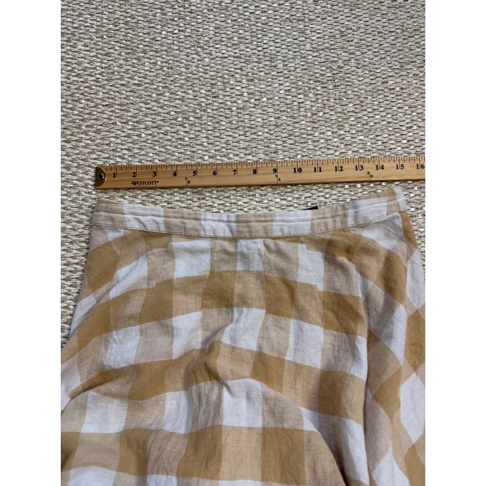 Tan White Gingham Linen Blend Midi A-Line Skirt picnic flowy preppy size 6 - Picture 7 of 8